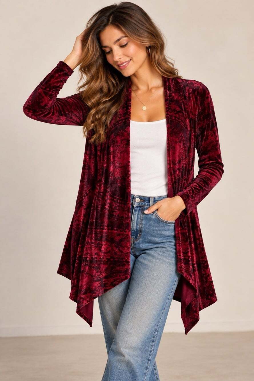 One World L Deep Red Velvet Jacket Cardigan Fall Vamp Boho Victorian Eclectic